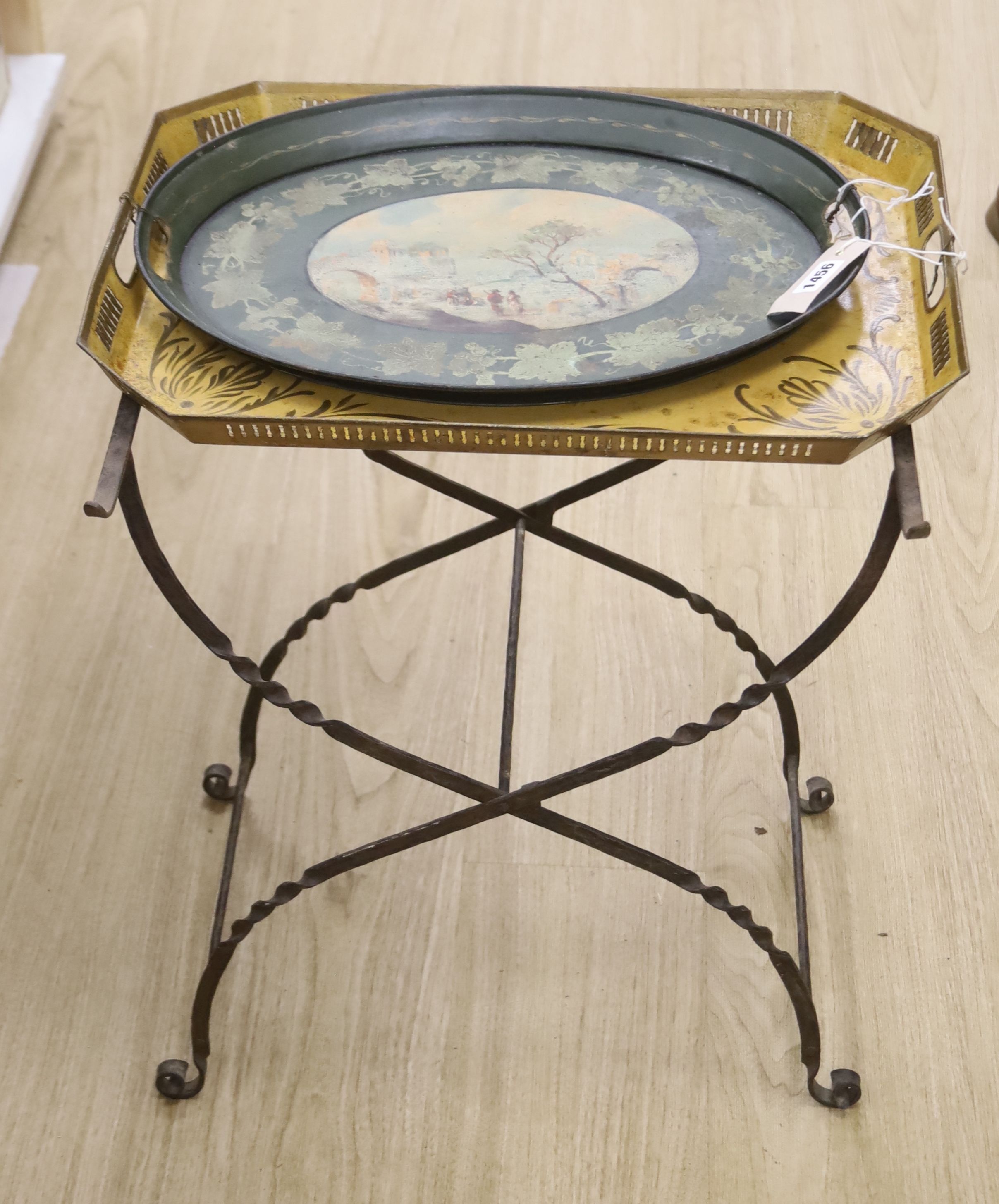 Two toleware trays and a stand